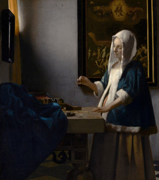 Woman Holding a Balance by Jan Vermeer, vintage art, modern poster print