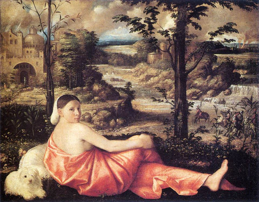 Woman Reclining in a Landscape, vintage artwork by Giovanni Cariani, A3 (16x12") Poster Print