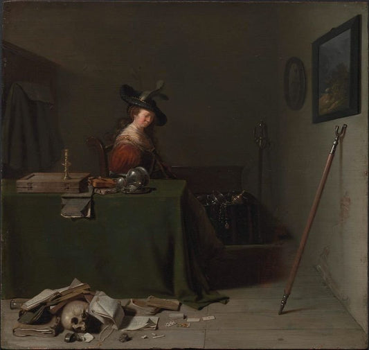 Woman Seated at a Table (Vanitas), vintage artwork by Hendrick Pot, 12x8" (A4) Poster