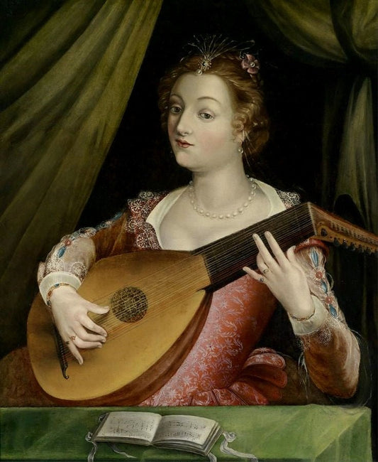 Woman with lute, vintage artwork by Ecole de Fontainebleau, A3 (16x12") Poster Print