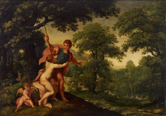 Wooded landscape with Venus and Adonis, vintage artwork by Hendrick de Clerck, A3 (16x12") Poster Print