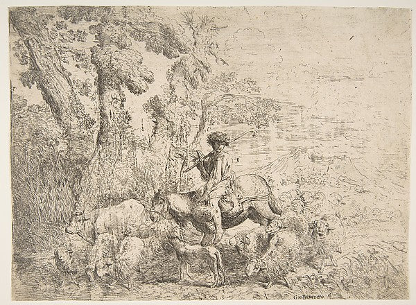 Young herdsman on horseback 1638-Giovanni Benedetto Castiglion, vintage art, A3 (16x12") Poster Print
