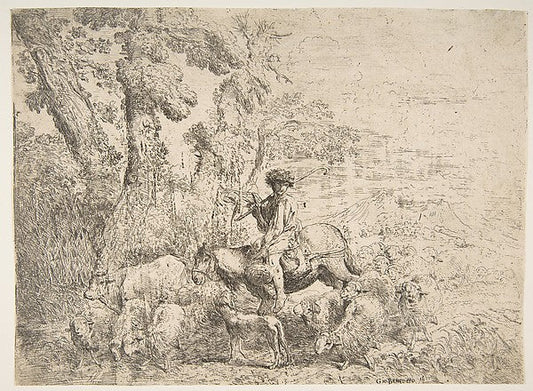 Young herdsman on horseback 1638-Giovanni Benedetto Castiglion, vintage art, A3 (16x12") Poster Print
