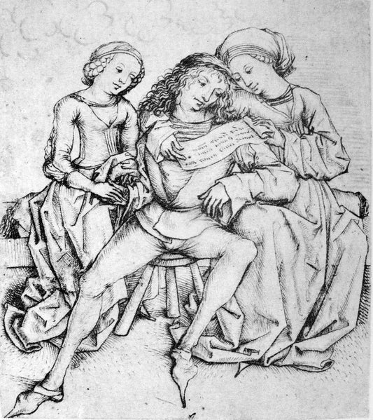 Young Man and two Girl, vintage artwork by Master of the Housebook, A3 (16x12") Poster Print